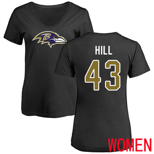 Baltimore Ravens Black Women Justice Hill Name and Number Logo NFL Football #43 T Shirt->baltimore ravens->NFL Jersey
